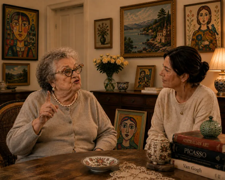 two women sitting at a dining table surrounded by art