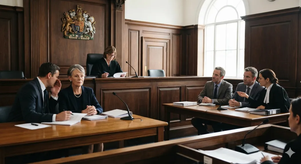 Court room with judge, the plaintiff on one side with the defendant on the other side or the room