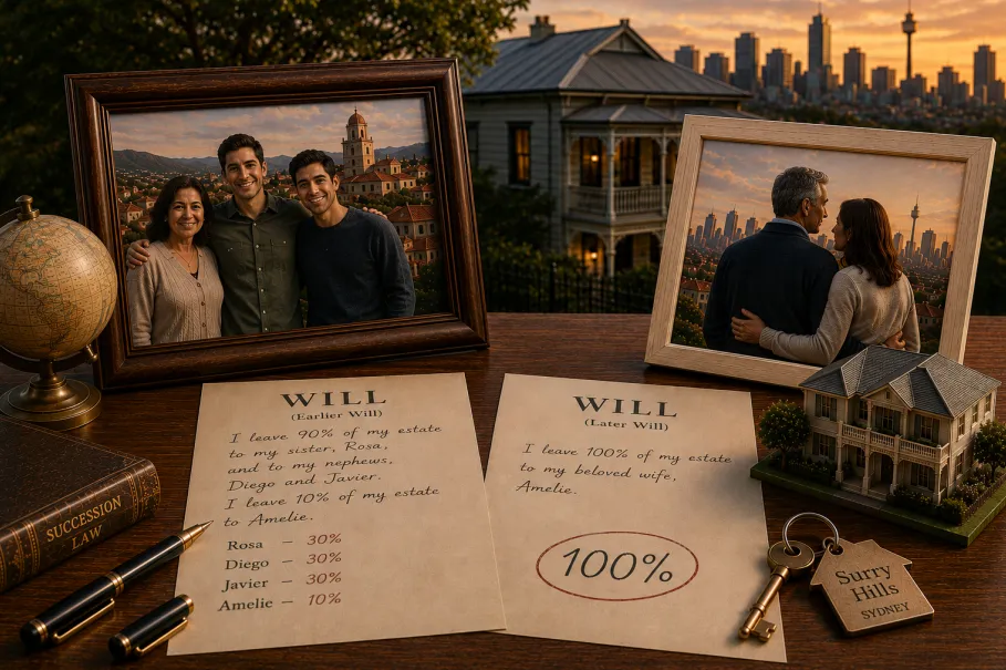 Desk displaying photo frames of deceased family a copy of her Will and keys to the house in question with house in background