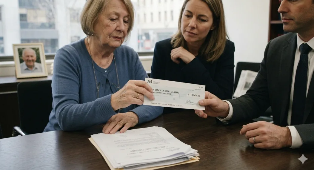 Wife handing cheque over to the Solicitor to pay Husbands Estate