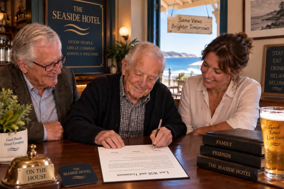 3 people sitting around hotel bar signing a Will