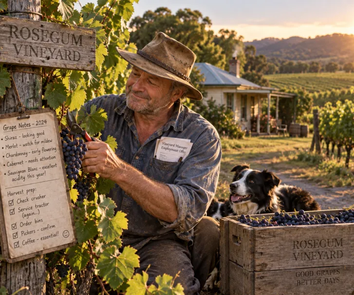 man cutting grapes with the vineyard property in the background