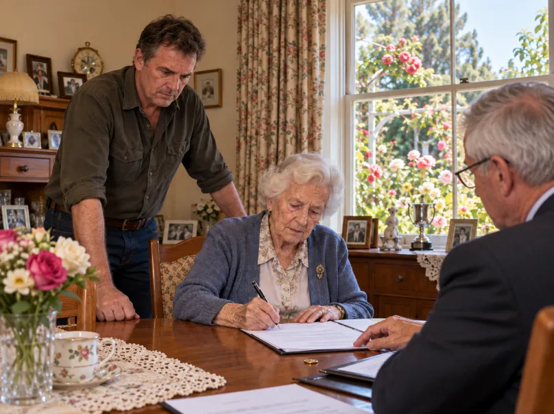 home owner signing document at table with nephew and solicitor