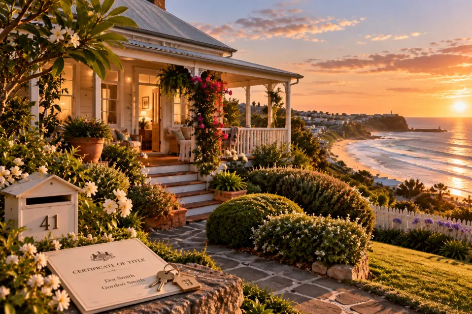 Little cottage by the sea at sunset