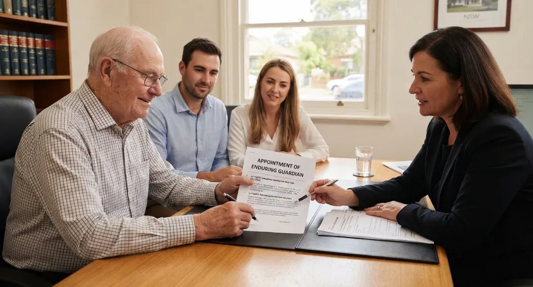 four people sitting at office desk signing estate planning documents