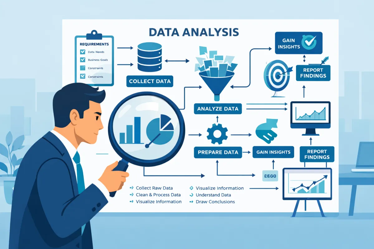 Professional flat vector illustration of a business analyst in a corporate office examining a labeled data analysis workflow diagram with a magnifying glass, featuring blue and teal charts, flow arrows, and reporting icons.