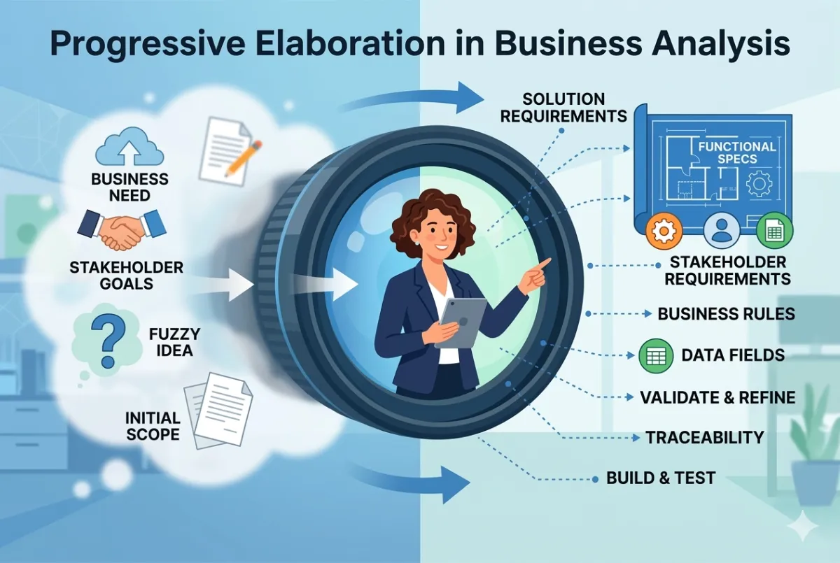  A professional illustration titled "Progressive Elaboration in Business Analysis." It depicts a business analyst looking through a large camera lens that acts as a focal point. On the left, high-level "fuzzy" inputs like Business Needs and Stakeholder Goals enter the lens; on the right, they emerge as sharp, detailed outputs including Solution Requirements, Functional Specs, and Data Fields, visually representing the iterative journey of refining project requirements.