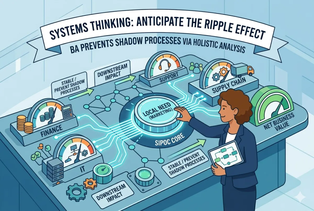 An infographic for business analysts titled Systems Thinking: Anticipate the Ripple Effect. It features a professional woman at a high-tech dashboard labeled SIPOC Core. As she touches a central glowing button for Local Need (Marketing), digital circuit lines project outward to departmental modules for Finance, IT, Support, and Supply Chain. Each module includes gauges measuring Downstream Impact and Stability, illustrating how holistic analysis prevents shadow processes. A large final meter on the right points to Net Business Value in the green zone, visually representing the BA’s role in ensuring local changes benefit the entire enterprise.