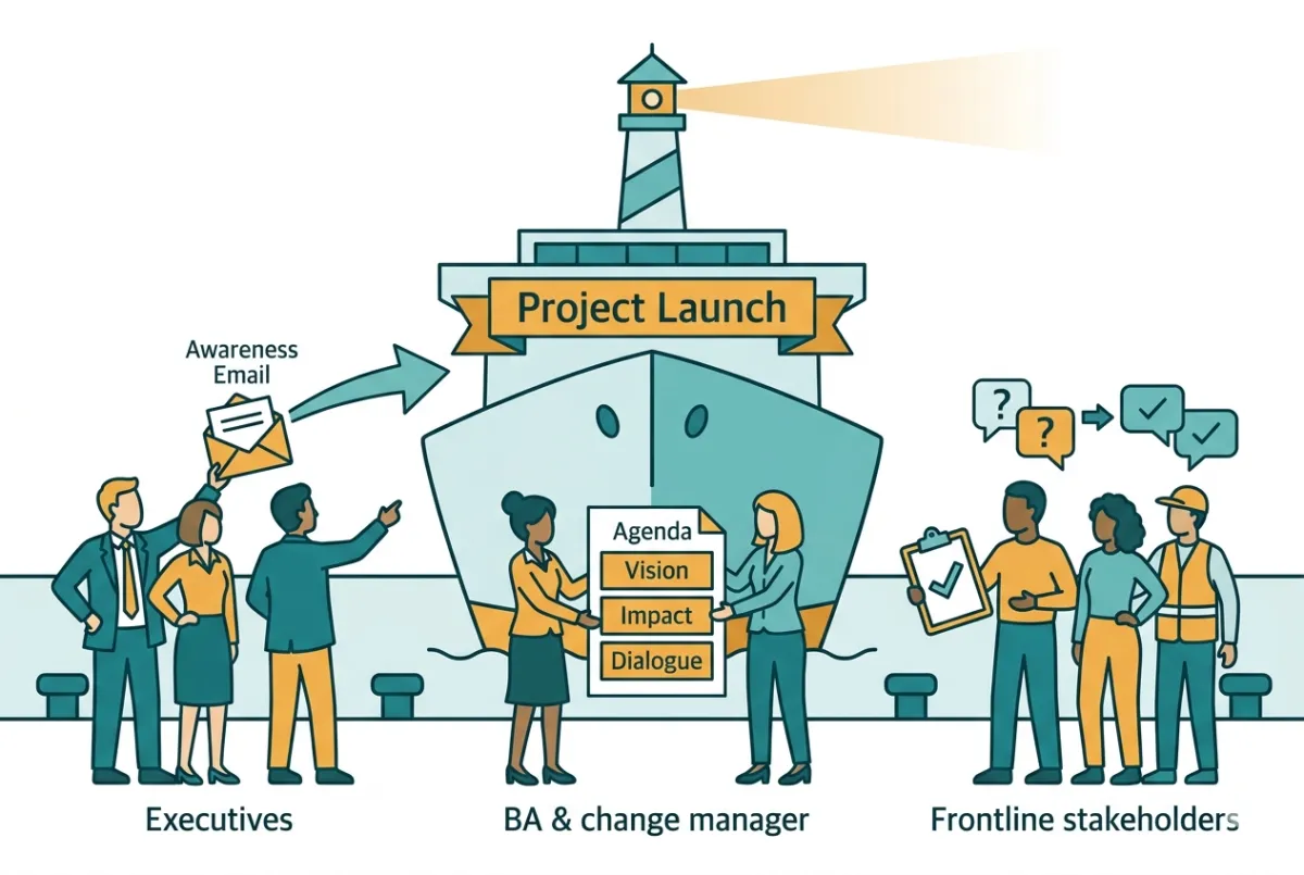 A minimal flat design illustration in teal and amber tones showing a ship labeled "Project Launch" at a harbor. On the dock, three groups represent a coordinated project rollout: executives on the left hold an "Awareness Email" envelope; a Business Analyst and Change Manager in the center hold an "Agenda" document highlighting Vision, Impact, and Dialogue; and frontline stakeholders on the right hold a clipboard with a checkmark. Speech bubbles above the stakeholders show question marks converting to checkmarks, and a lighthouse in the background casts a beam forward to symbolize strategic direction.