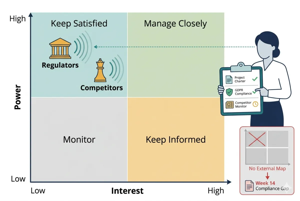 A detailed flat design illustration of a 2x2 Power/Interest Grid on a white background. The axes are labeled 'Power' (Low to High) and 'Interest' (Low to High), with quadrants color-coded: light teal for 'Keep Satisfied,' light green for 'Manage Closely,' light gray for 'Monitor,' and light amber for 'Keep Informed.' In the 'Keep Satisfied' quadrant, amber icons for 'Regulators' and 'Competitors' feature radar-like sonar lines, indicating active surveillance. To the right, a professional figure holds a clipboard with an 'External Watch Cadence' checklist, including 'Project Charter,' 'GDPR Compliance,' and 'Competitor Monitor.' A dotted line connects the analyst's gaze to the 'Keep Satisfied' quadrant. A small inset panel in the bottom right corner shows a failed scenario titled 'No External Map,' where an empty grid leads to a 'Week 14 Compliance Gap,' highlighting the consequence of ignoring external stakeholders.