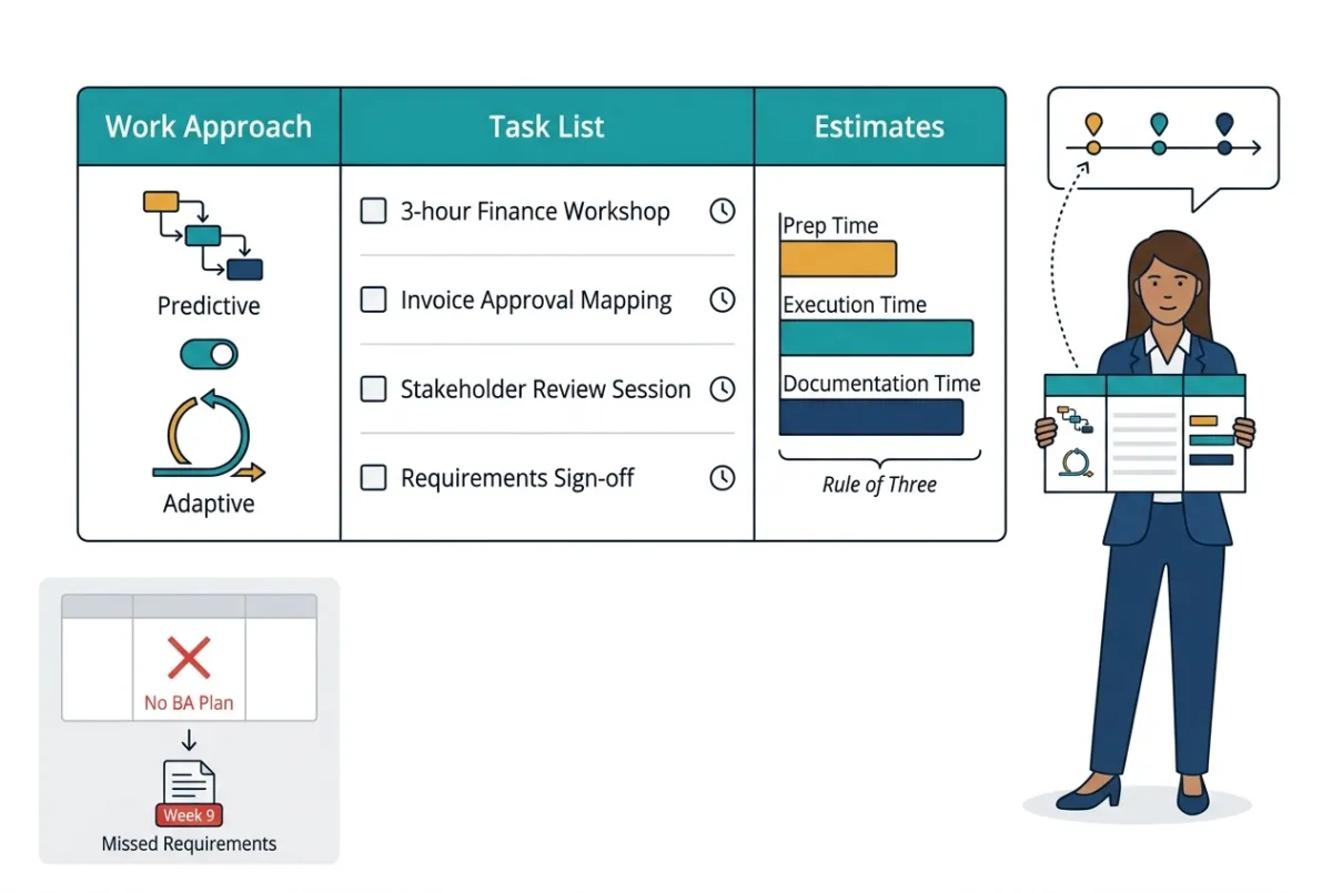 An infographic titled "BA Plan" illustrating business analysis planning best practices. The main section features a table with three columns: "Work Approach," "Task List," and "Estimates." The Work Approach column displays "Predictive" with a waterfall diagram and "Adaptive" with a circular iterative loop icon, separated by a choice toggle. The Task List includes checkboxes for "3-hour Finance Workshop," "Invoice Approval Mapping," "Stakeholder Review Session," and "Requirements Sign-off." The Estimates column shows horizontal bars of varying lengths for "Prep Time," "Execution Time," and "Documentation Time," collectively labeled "Rule of Three." To the right, a businesswoman in a suit holds a tri-fold brochure; a speech bubble above her shows a project timeline, connected by a dashed arrow. Below the main table, a grey inset box on the left contains a small empty table with a large red cross, labeled "No BA Plan," with a downward arrow leading to a document labeled "Missed Requirements" and a "Week 9" timestamp.