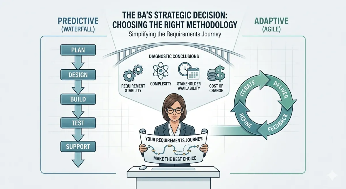 An infographic titled "The BA's Strategic Decision: Choosing the Right Methodology," subtitled "Simplifying the Requirements Journey." It illustrates the choice between two project management frameworks, featuring a cartoon business analyst looking down at a scroll that reads "Your Requirements Journey: Make the Best Choice."  On the left: A sequential, vertical flowchart represents the “Predictive (Waterfall)” methodology with five steps: Plan, Design, Build, Test, and Support.  On the right: A circular, continuous loop represents the “Adaptive (Agile)” methodology with four steps: Iterate, Deliver, Feedback, and Refine.  In the center: Above the analyst, a section labeled "Diagnostic Conclusions" lists four evaluation criteria with matching icons: Requirement Stability (gears), Complexity (atom/nucleus), Stakeholder Availability (clock and calendar), and Cost of Change (stack of coins with a dollar sign).