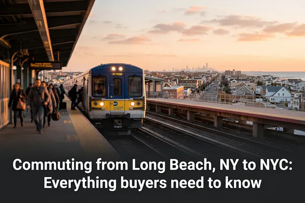 Professional photorealistic scene of Long Beach, NY with transit options