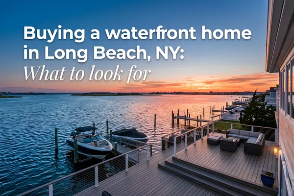 Scenic view of waterfront homes in Long Beach, NY at sunset