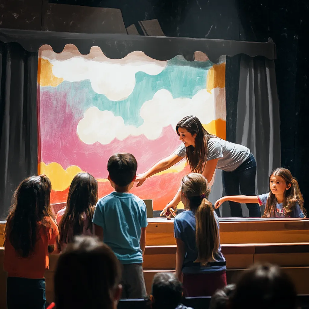 In illustration of a group of younger students on stage creating a backdrop for a live performance. A teacher is onstage helping them.