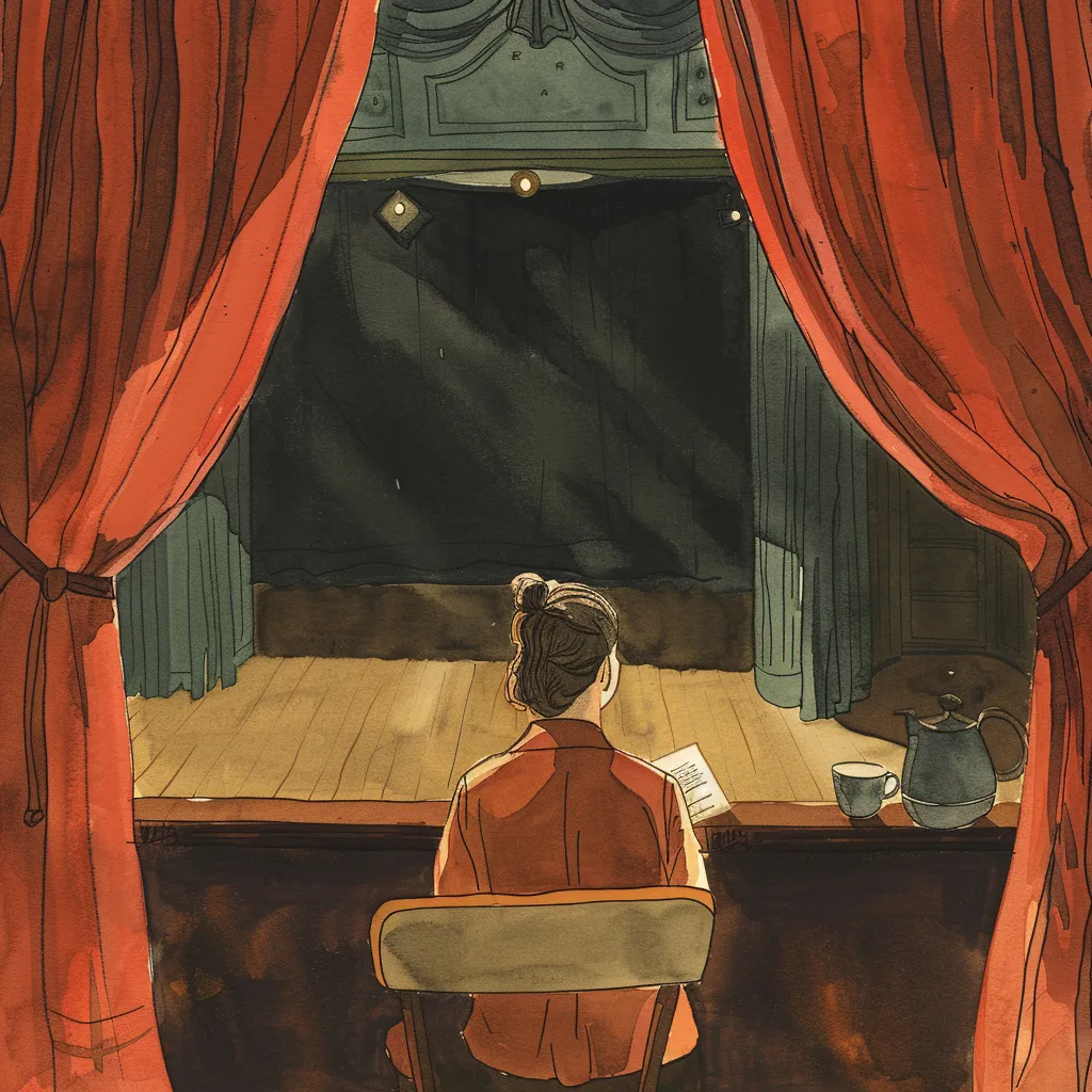 Cartoon of a woman sitting in front of an empty stage. She is frames by red curtains, her back is to us and she hold a cup of coffee.
