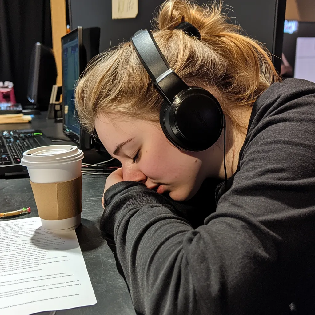 A technical crew person with her head down on a desk, a cup of coffee in front of her. Her eyes are closed. She's tired and sneaking in a nap.