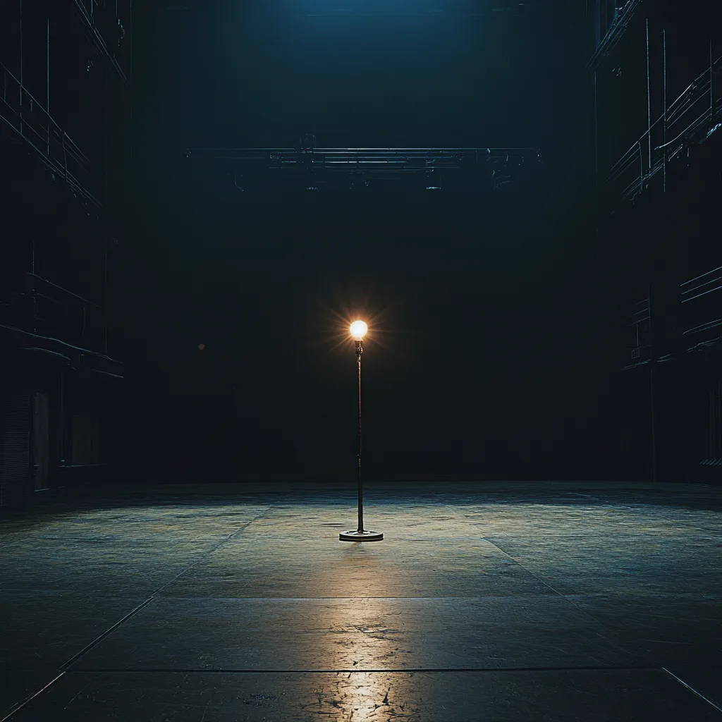 A single lamp on a pole (a ghost light) on an empty stage, dimly illuminating the area around it.
