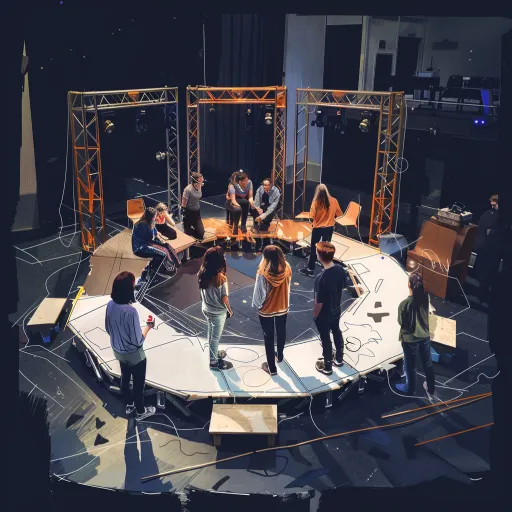 Illustration of students gathered on a circular stage in a theater, collaborating on a musical production under a lighting truss rig.