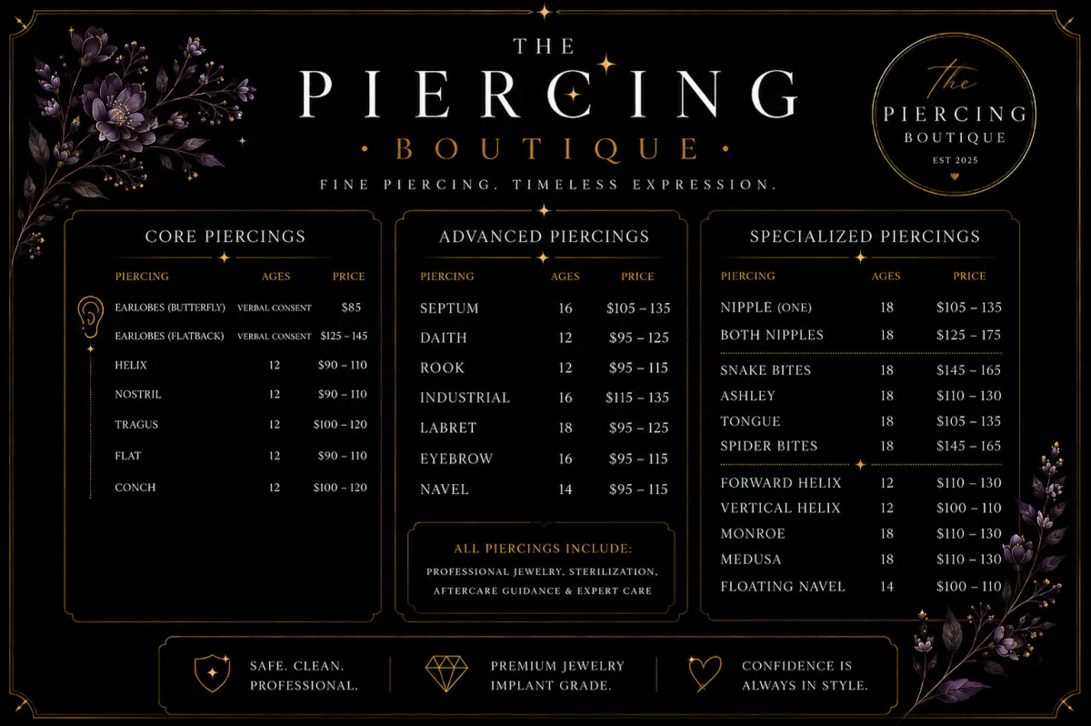 price list for The Piercing Boutique
