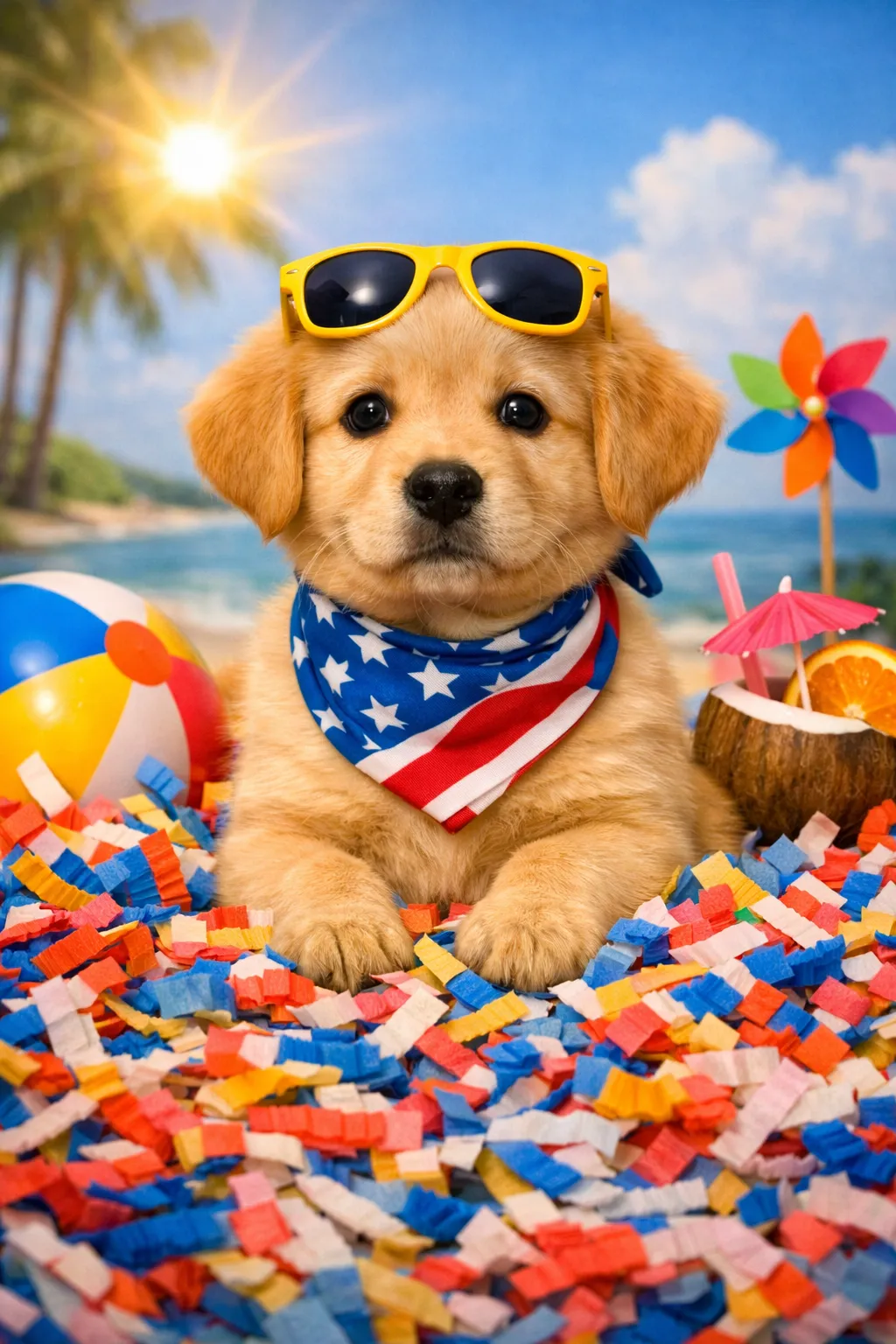 puppy in sunshine and shredded paper