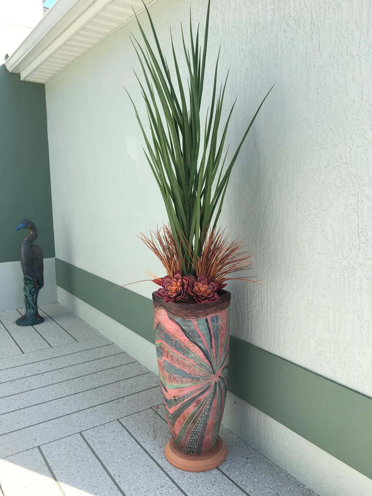 Outdoor UV-Resistant Succulent in tall planter with grass