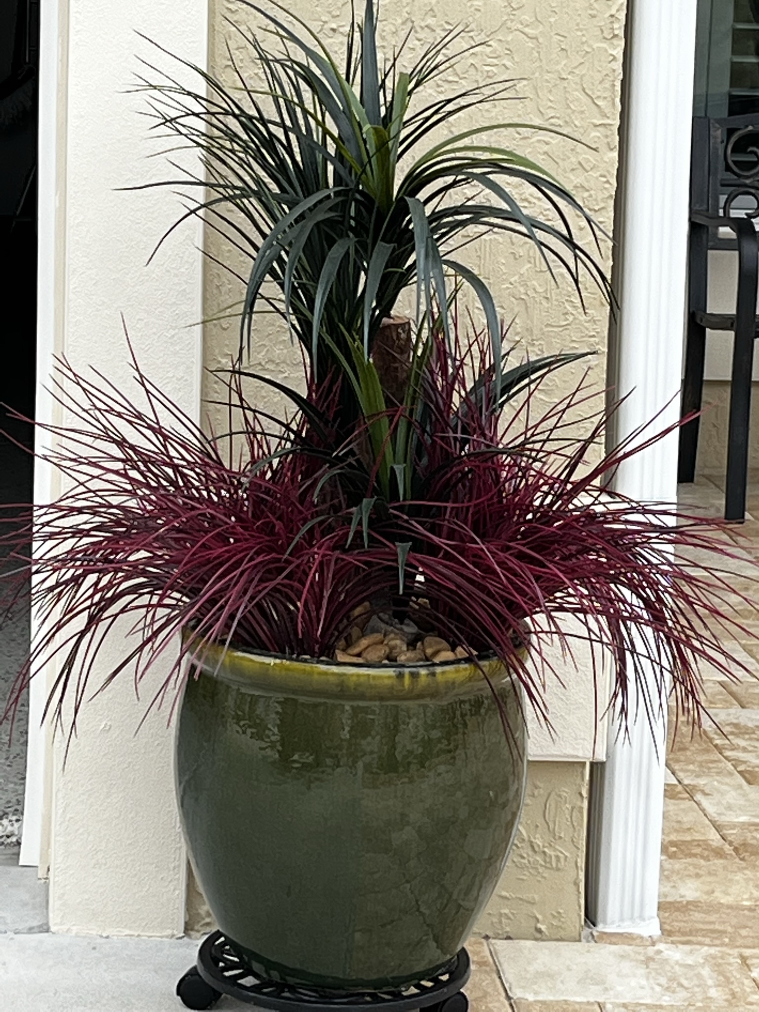 Burgundy grass in large planter