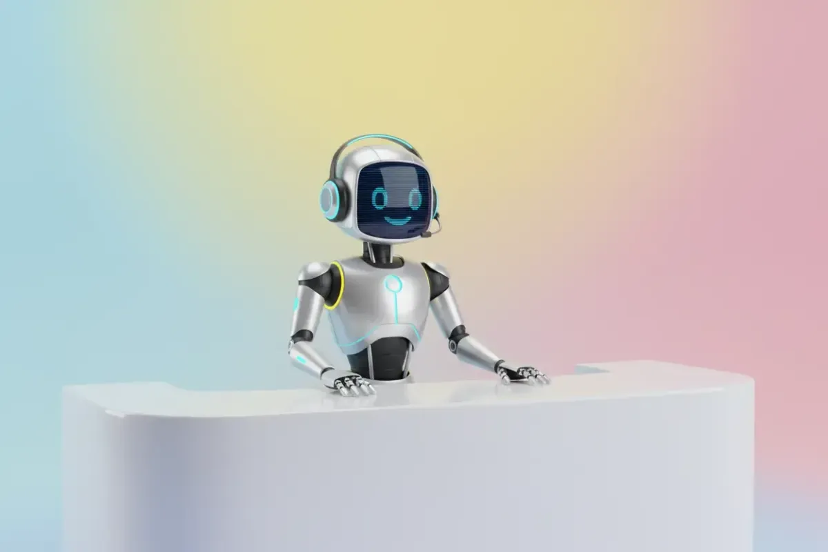 A cheerful, modern AI robot receptionist with a headset, standing behind a sleek reception desk, bright colors, playful style, 3:2 aspect ratio
