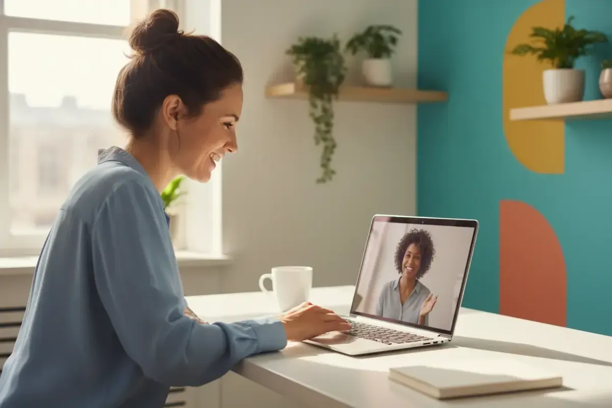A business owner on a video call with a support agent, bright office, modern clean style, 3:2 aspect ratio
