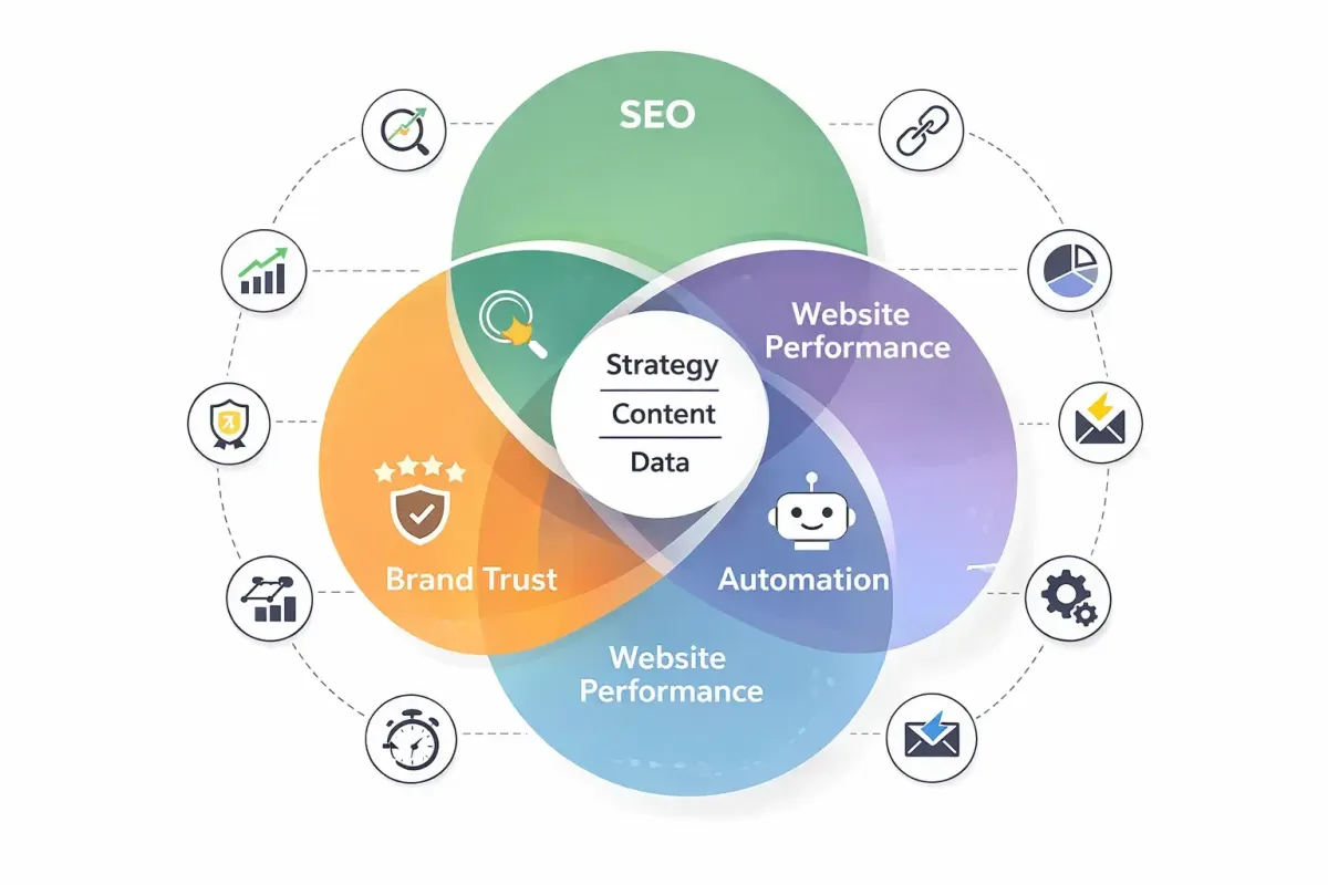 brand trust, automation, website performance and seo graphic