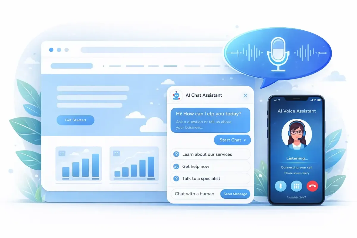 smart website, chat widget and ai voice assistant graphic