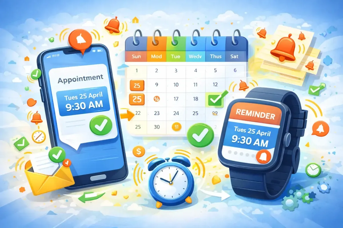 colorful graphic of calendar appointment confirmations and reminders