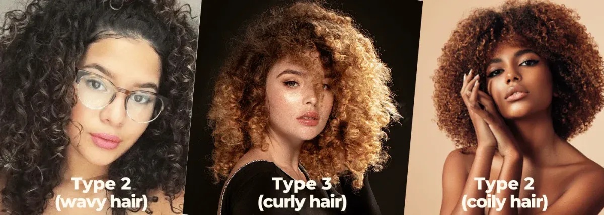 3 types of hairs: Wavy hair, curly hair, coily hair