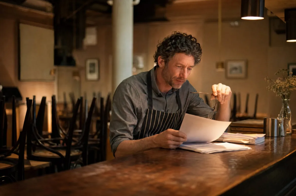 A restaurant owner reviewing a printed sales report and loan papers at the bar after closing