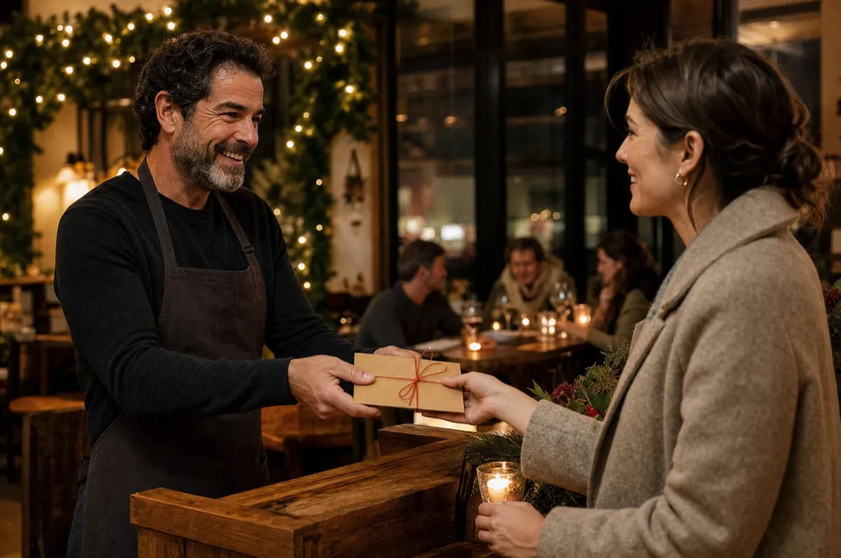 Restaurant owner handing a gift envelope to a smiling guest at the host stand on a December evening