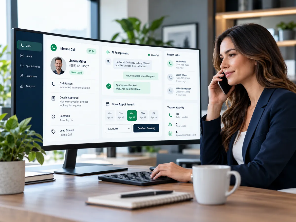 Donna AI Receptionist dashboard showing real-time call handling, appointment bookings, and caller enquiries
