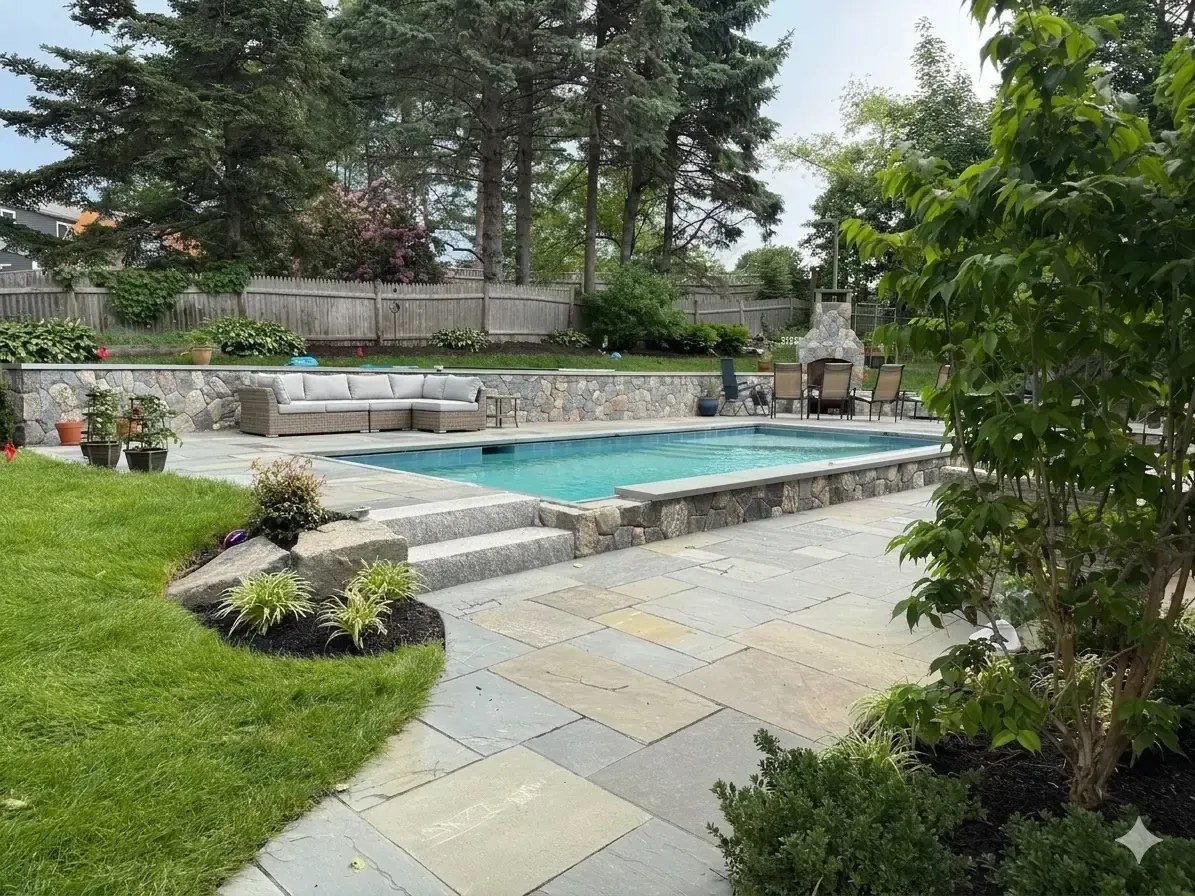 Custom backyard pool and natural stone patio with professional landscaping in Marblehead, MA
