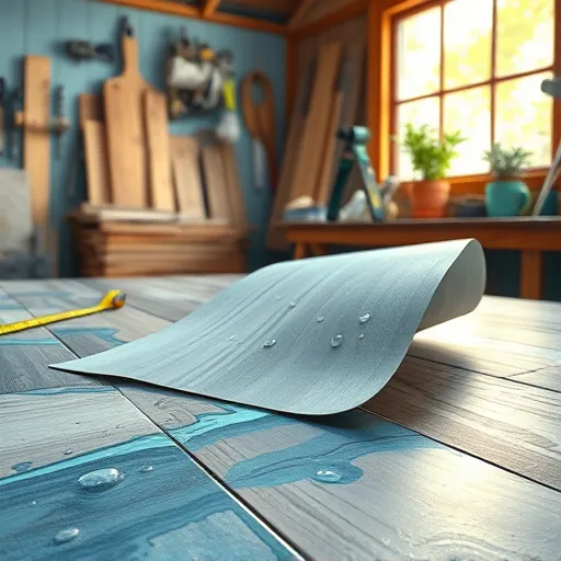 An impressionist scene of a cozy workshop showcasing waterproof laminate flooring installation, featuring a partially unrolled laminate plank with water droplets beading on its textured surface. The workshop is filled with tools, wooden planks, a rustic workbench with scattered screws and measuring tape, and a small potted plant, all painted with soft blues, teals, browns, and grays. Light filters through a large window, illuminating the scene and highlighting the durability and craftsmanship involved in installing waterproof laminate flooring. Playful details include tiny water droplets floating midair, a whimsical rainbow reflection on the beads, and lively brushstrokes conveying a vibrant, artistic atmosphere that emphasizes home improvement mastery with creative flair.