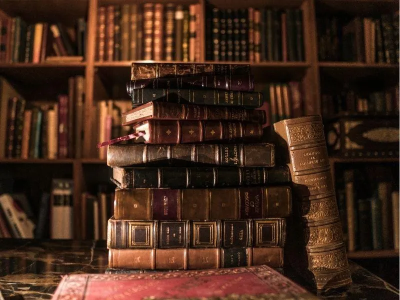 Aged books on wooden shelves in a quiet library, often used for researching European ancestry and family history