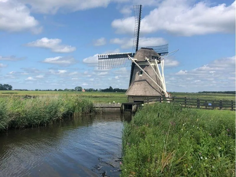Traditional Dutch windmill in the countryside of the Netherlands, captured during a multi-country Europe tour