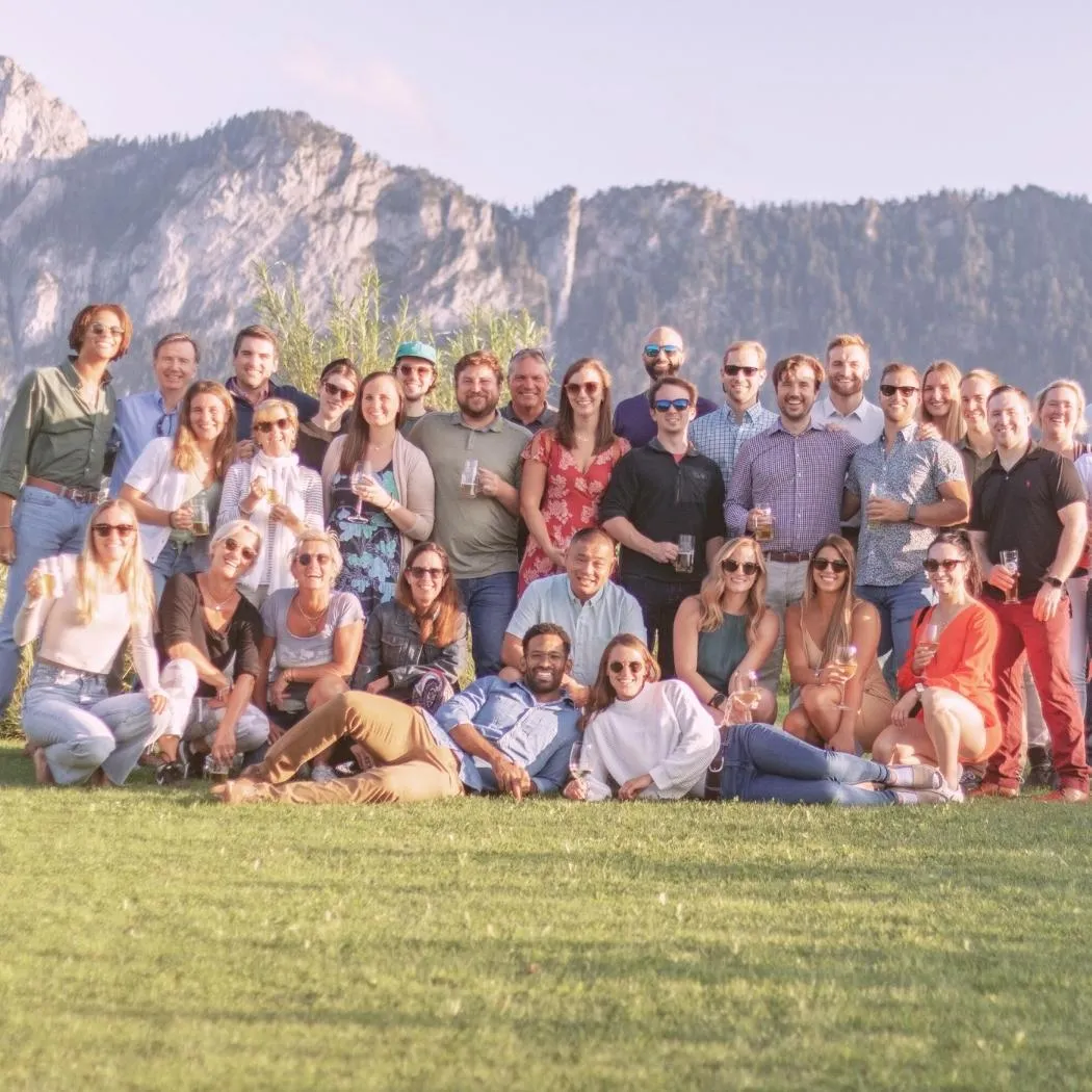 Large multigenerational travel group enjoying time together outdoors