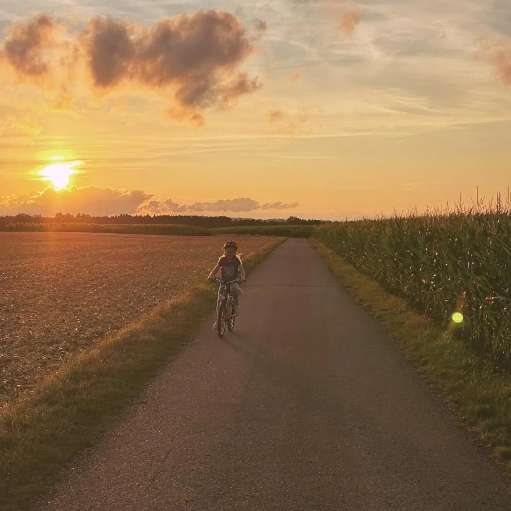 Woman biking through open fields at sunset with golden light and countryside views