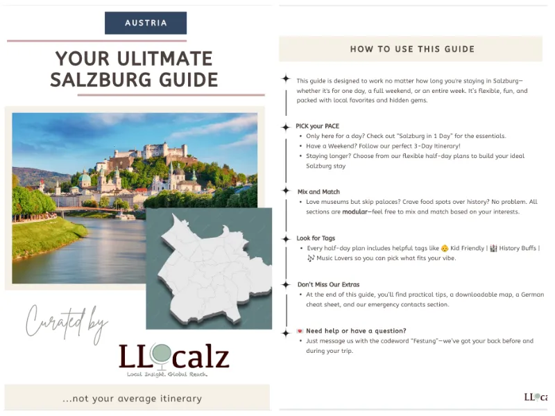 Preview of the Salzburg city guide featuring the first two pages with the cover and instructions on how to use the travel tips, must-see sights, and local recommendations for exploring Salzburg, Austria