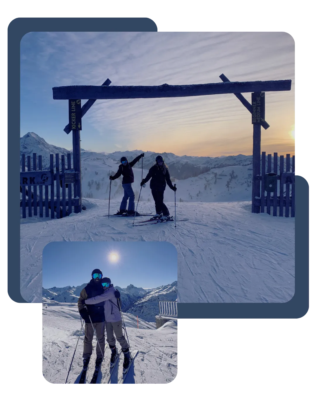Two skiers in front of snow-covered Alps at sunset, enjoying European ski trip with stunning mountain landscape in the background
