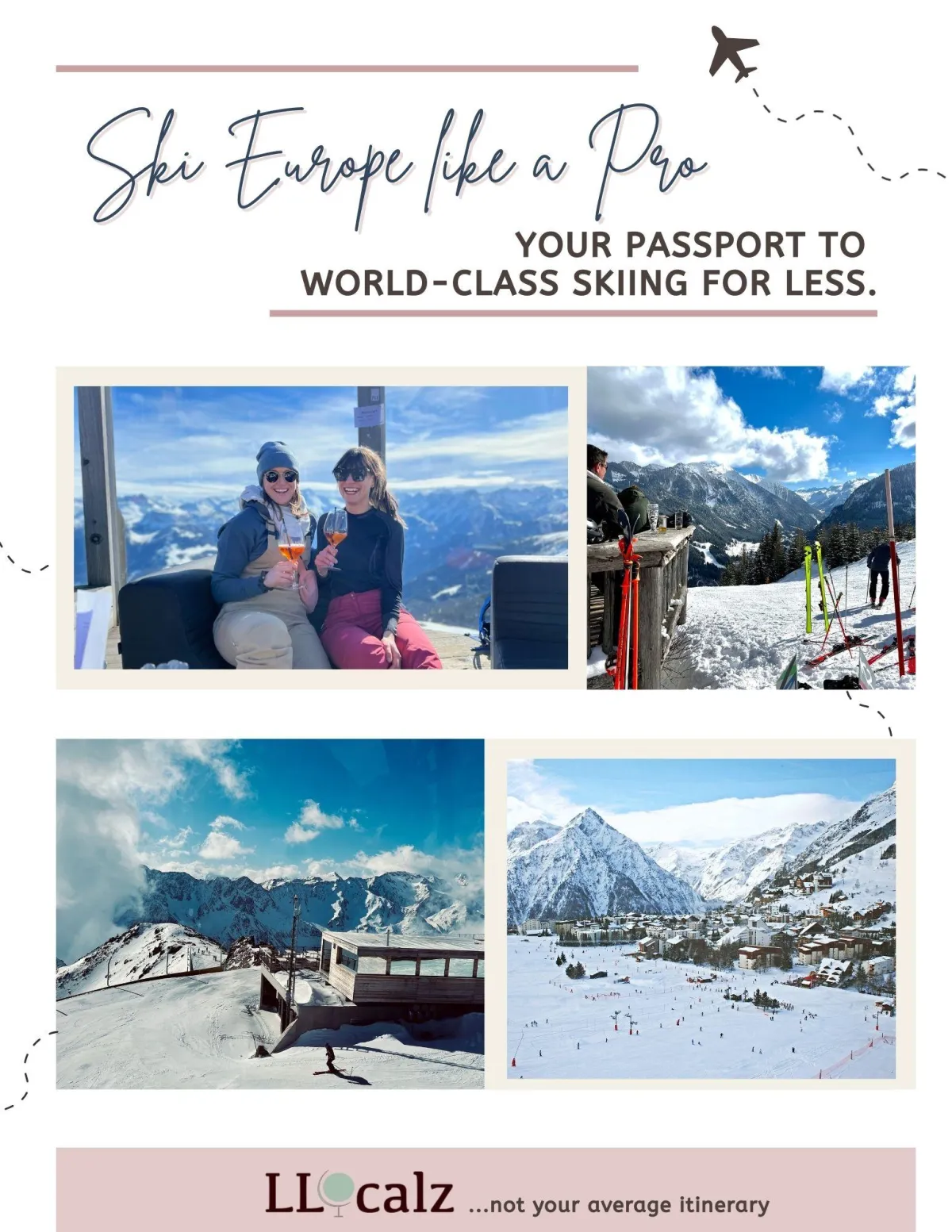 Screenshot of free Europe ski trip planning guide showing skiers on snowy slopes, deep powder, mountain village, and Alpine scenery