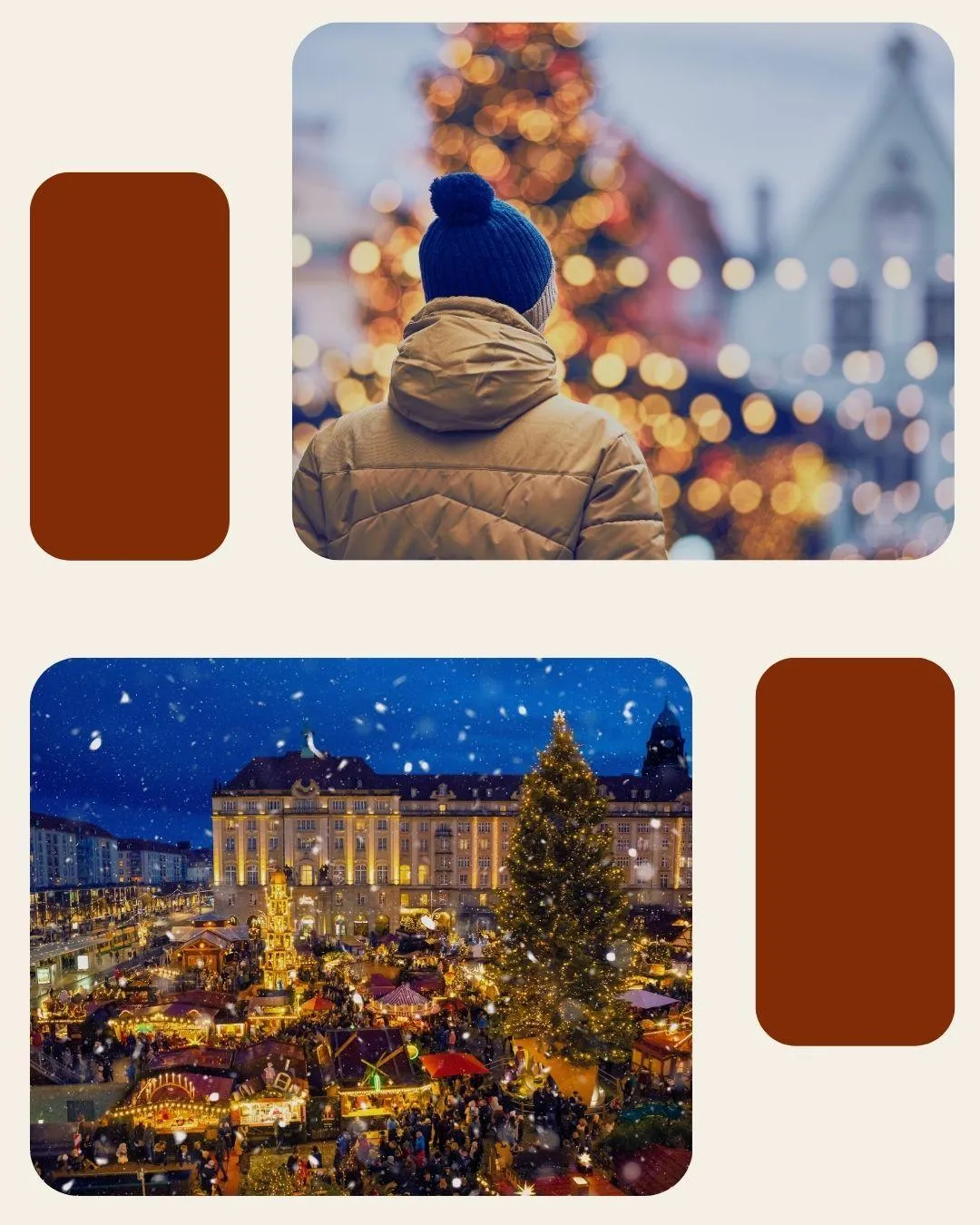 Collage of two winter scenes: couple at luxury Alpine spa with outdoor pool and snowy mountains, and picturesque mountain village in the European Alps