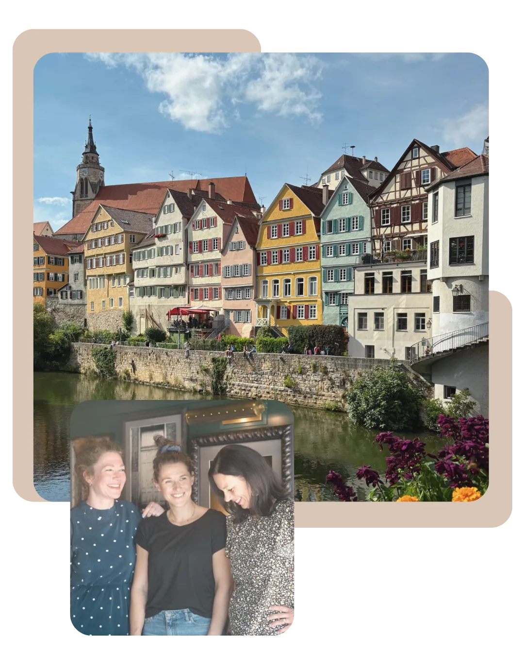 Collage showing the LLocalz travel team — Denise, Kate, and Wanda — alongside a scenic view of Tübingen, Germany, with colorful houses along the Neckar River
