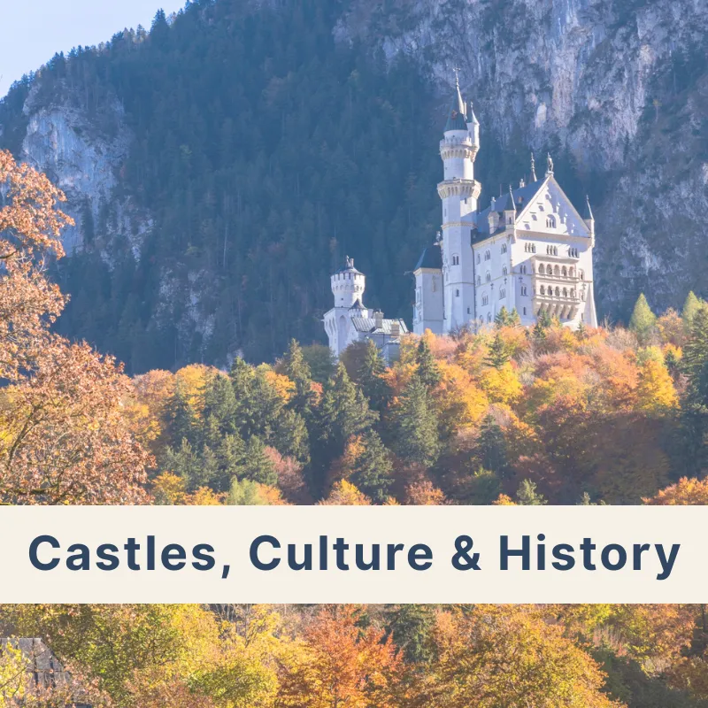 Schloss Neuschwanstein castle on a mountain surrounded by colorful autumn woods, representing Castles, Culture & History tours in Germany.