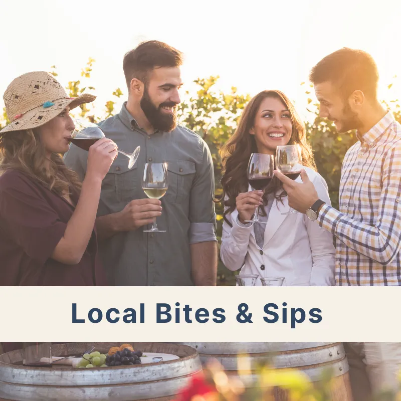 Traditional European dishes arranged on a table and group of people enjoying, representing Local Bites & Sips experiences in Austria, Germany, and Switzerland.