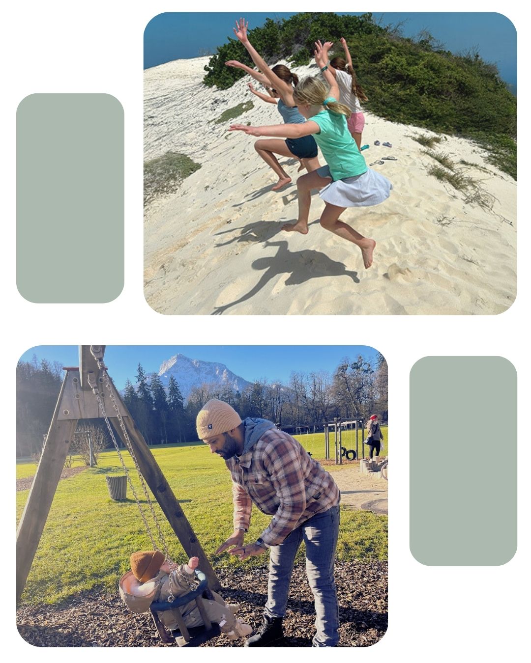 Collage of families enjoying Europe: children jumping over sand dunes at the beach and a father pushing his son on a swing with a mountain backdrop